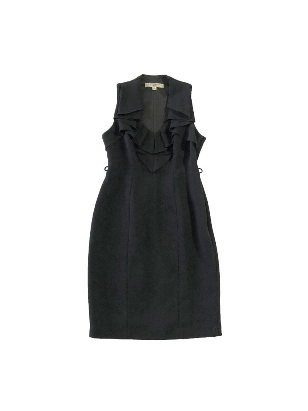 Evan Picone Sheath Dress Womens Size 2P Solid Black Ruffle Neckline Sleeveless